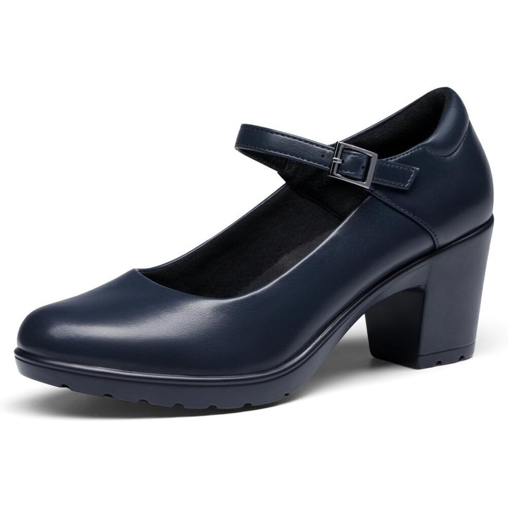 🆕 Women Navy Blue Faux Leather Mary Jane Low Block Heel Pumps Round Toe Wedding